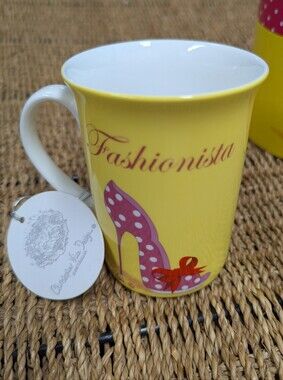 NWT Christopher Vine Mug Fashionista Yellow & Pink Polka Dot Shoe Design